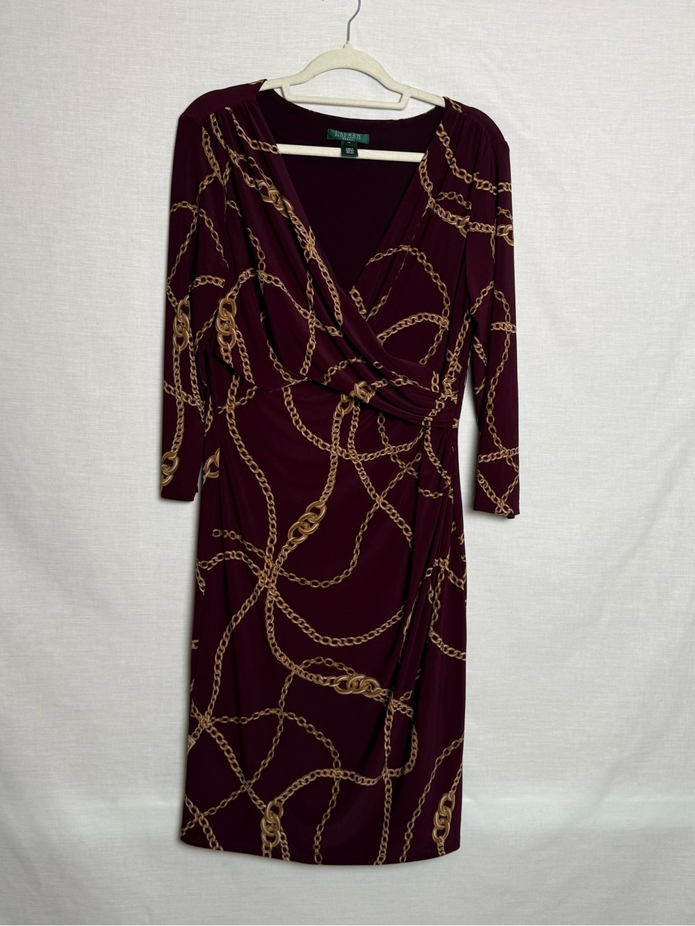 Lauren Ralph Lauren Dress 14 Burgundy Gold Chain Print Faux Wrap Ruched Midi